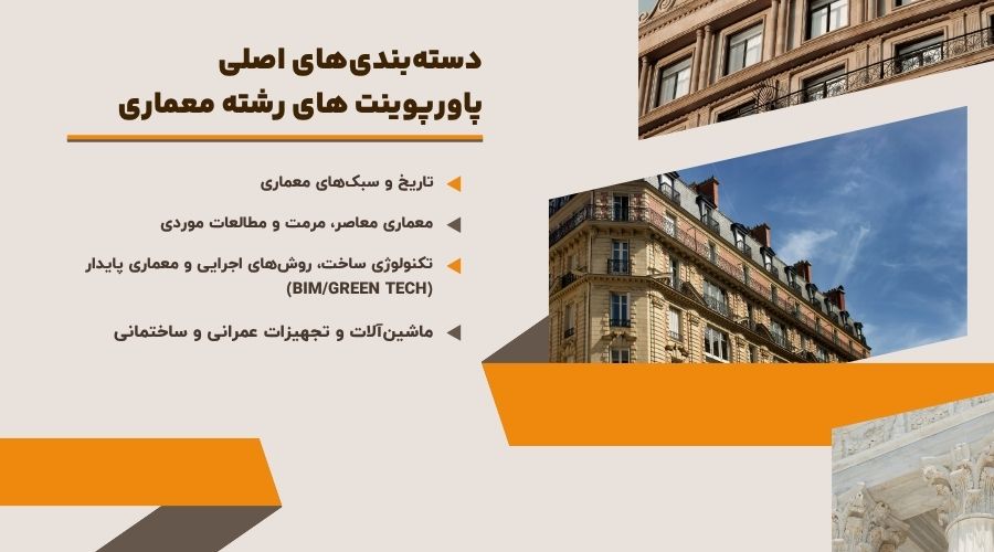 دستهبندیهای اصلی پاورپوینت های رشته معماری